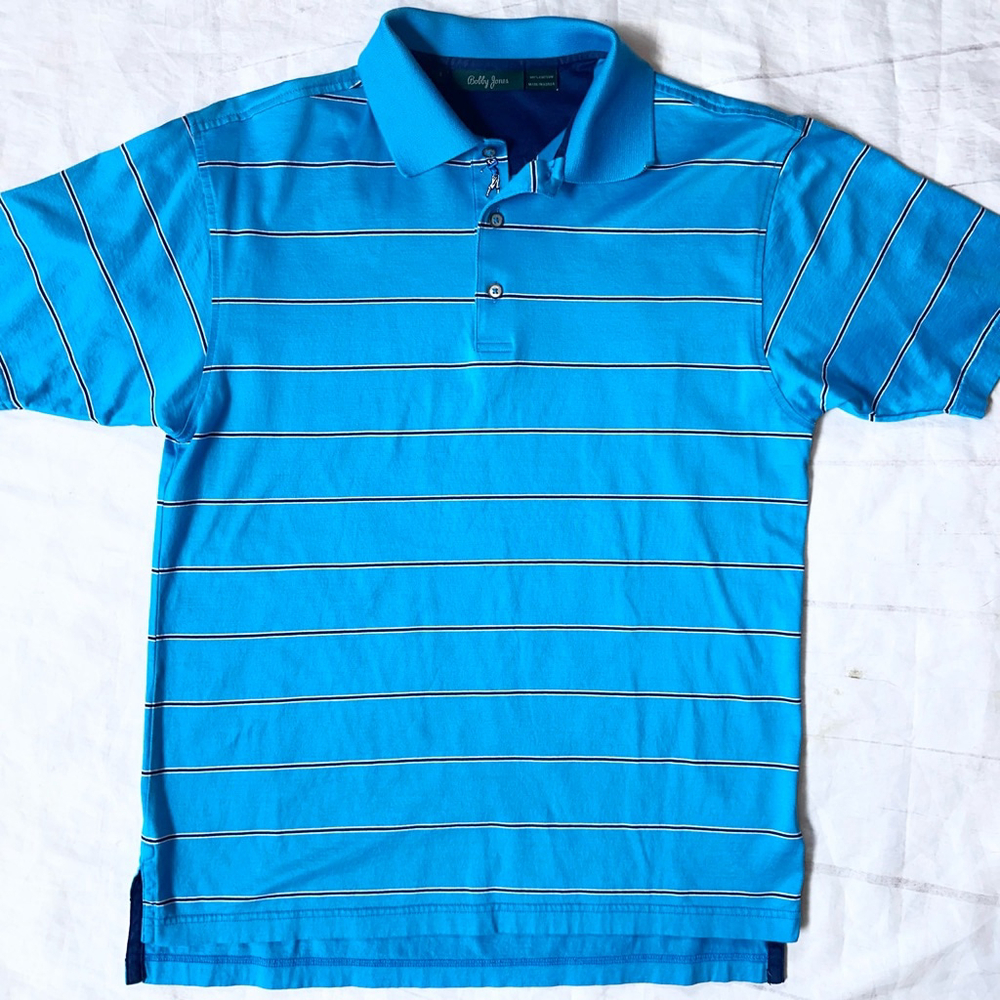 NWOT Men’s Small Bobby Jones SS Golf Polo Shirt Dk Aqua/Navy Blue 100% Cotton